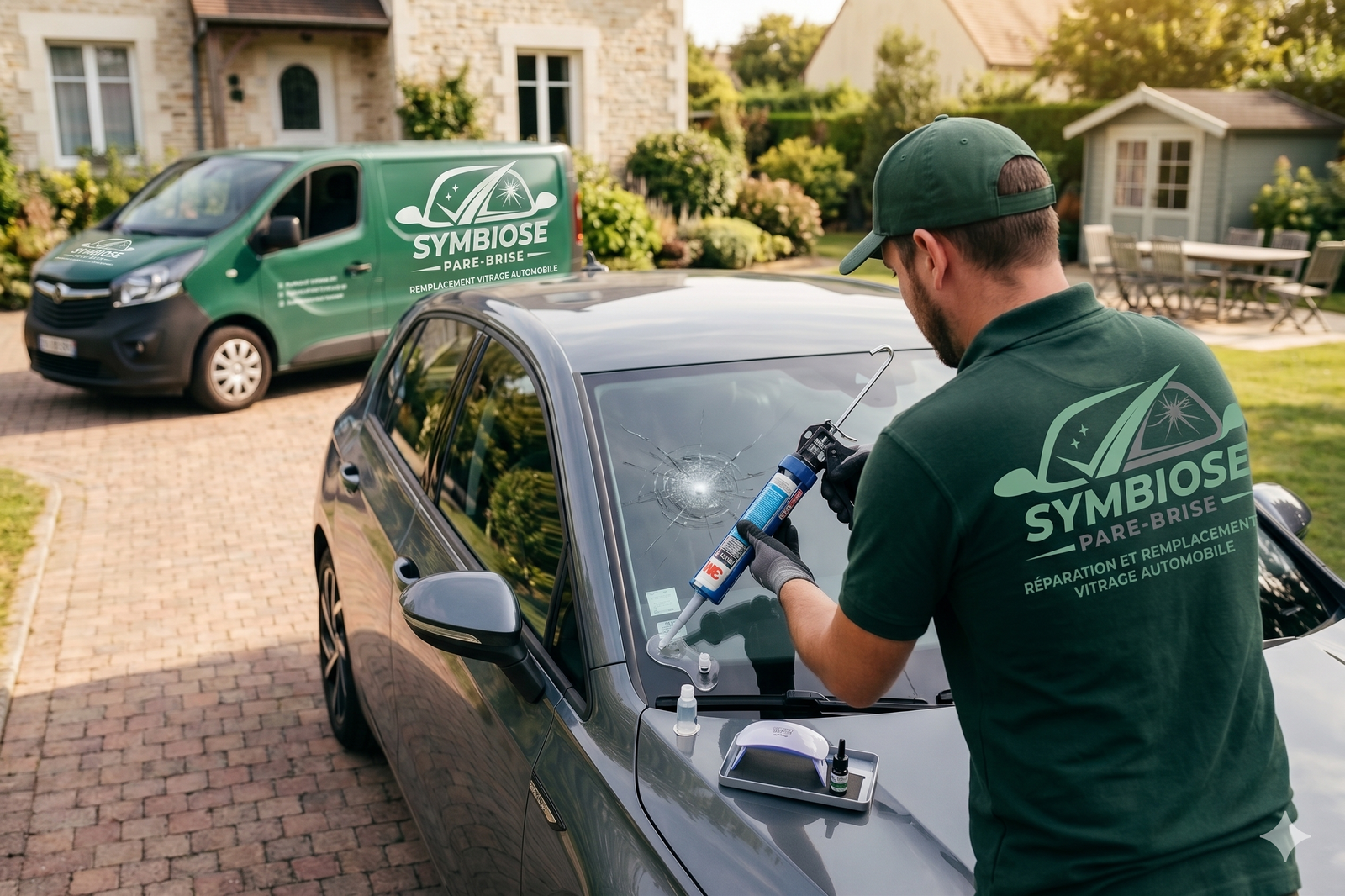 Technicien Symbiose en intervention sur un pare-brise